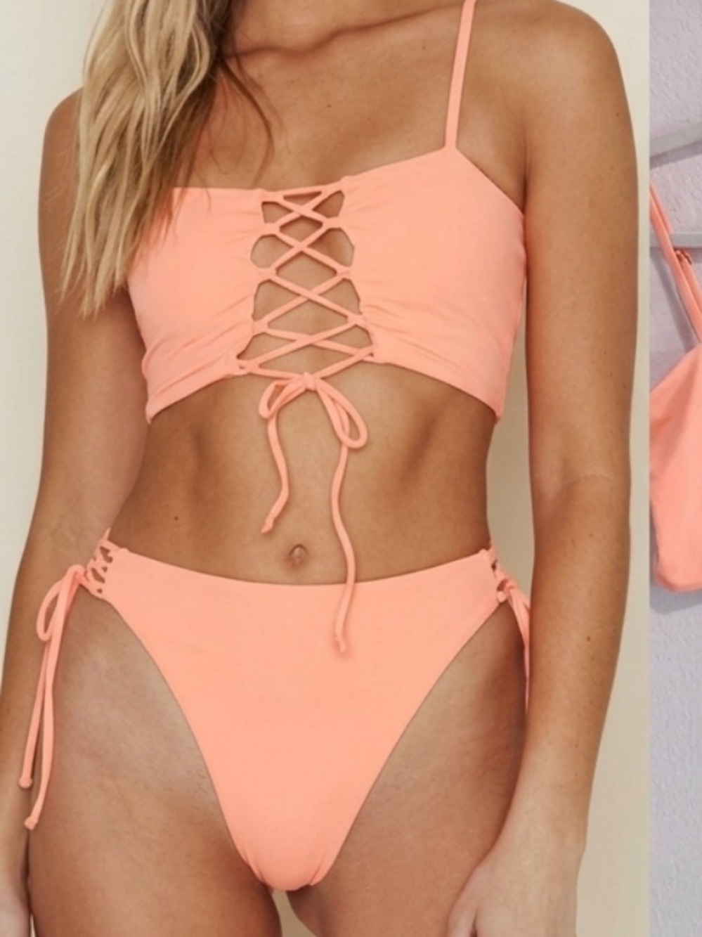 NWT $100 Dippin Daisy’s Apricot Peach High Waist Lace Up Bikini Set l*space